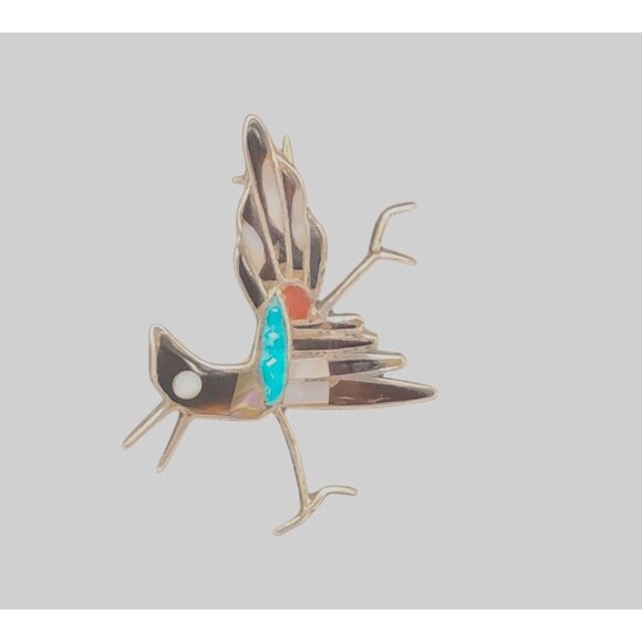 Vtg Zuni Inlay Roadrunner Brooch Pin Silver Onyx Turquoise Coral Mother O Pearl - Picture 2 of 5